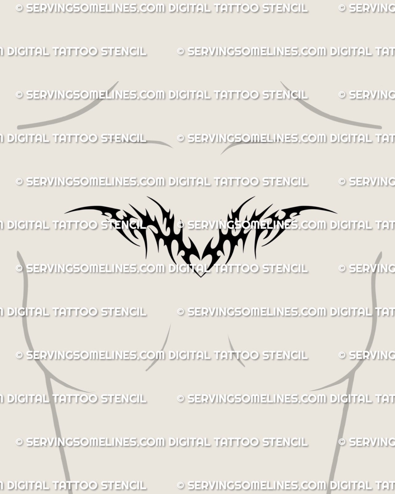 Neotribal heart chestpiece stencil preview on a woman’s collarbone, curved tribal wings sitting naturally across the upper chest area