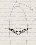 Neotribal heart thigh tattoo shown on feminine front thigh placement with a centered heart and pointed tribal framing