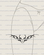 Neotribal heart thigh tattoo shown on feminine front thigh placement with a centered heart and pointed tribal framing
