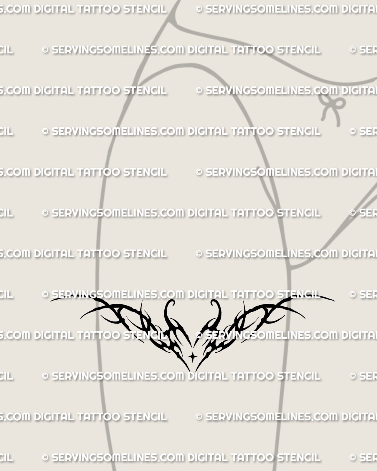 Neotribal heart thigh tattoo shown on feminine front thigh placement with a centered heart and pointed tribal framing