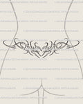 Neotribal heart lower waist tattoo shown on lower waist placement with a centered heart and sleek outline spread