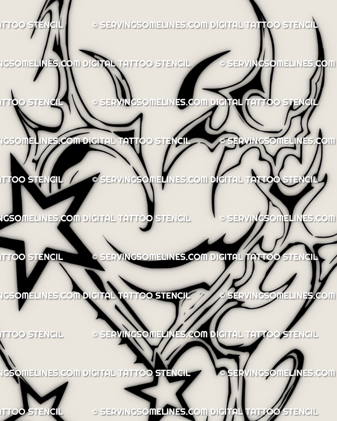 Neotribal heart tattoo design with Y2K stars and chrome tribal lines, abstract cybersigilism pattern for stylish tattoo lovers. 