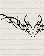 Close detail of the neotribal heart thigh tattoo showing the centered heart and pointed neotribal lines