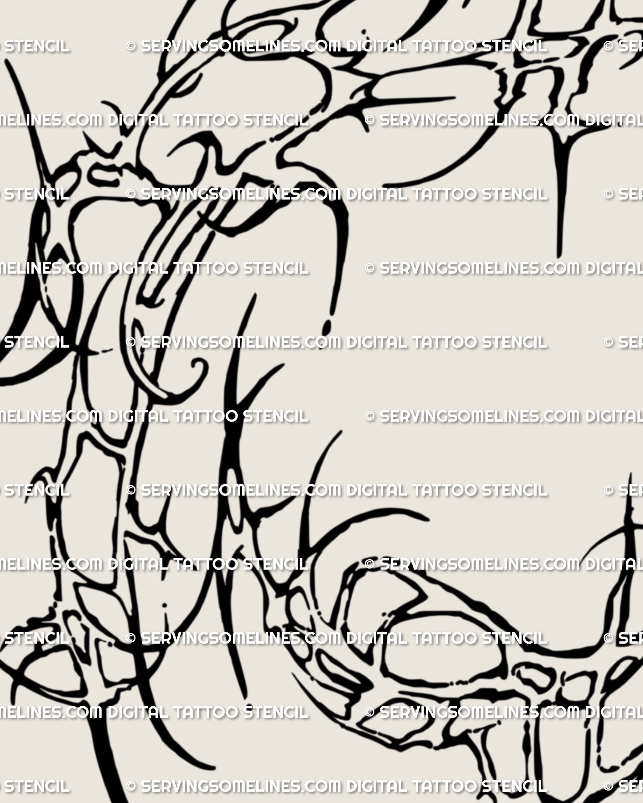 Cybersigilism knee tattoo close-up with cyber tribal and neotribal frame styling, gothic grunge inspired, a digital stencil file ready to flip, resize, and adapt to any knee shape.