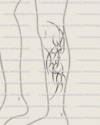 Futuristic cyber tribal tattoo stencil shown on leg placement, long neotribal linework sleeve pattern with ornamental symmetry.