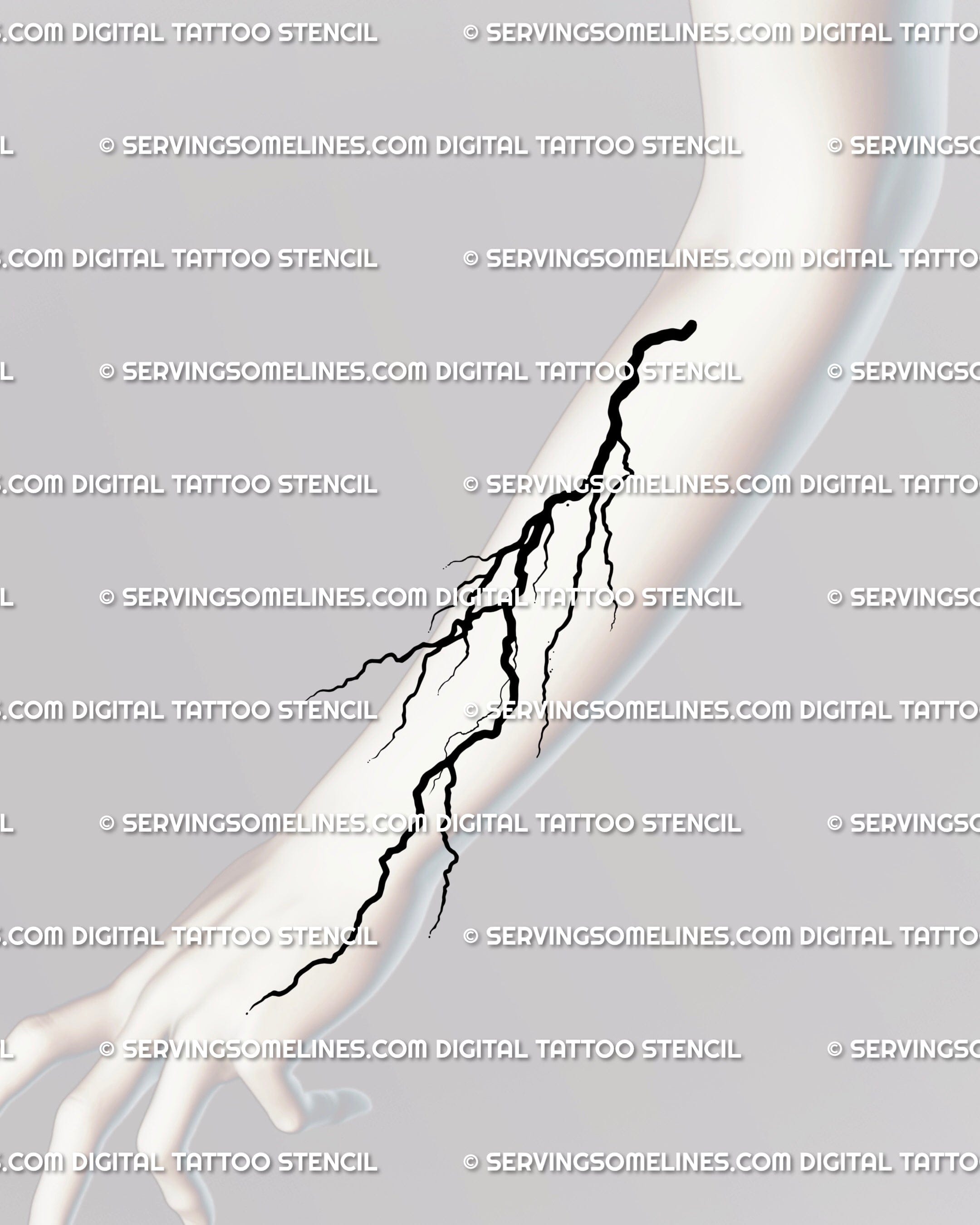 Neotribal lightning tattoo stencil placed on forearm, minimalist thunderbolt design with clean ornamental lines and bold storm vibe.