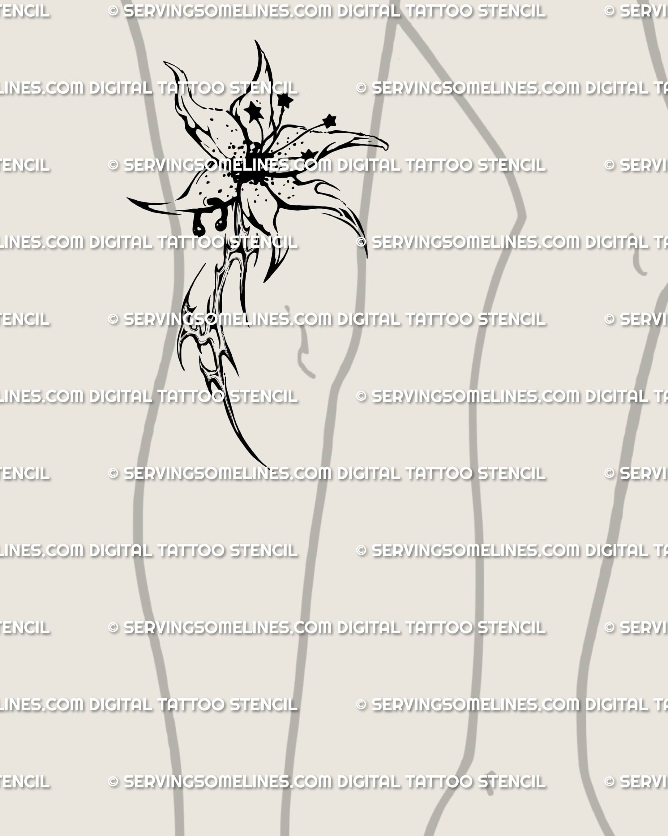 Neotribal lily tattoo shown on side knee placement preview, vertical dark flower stencil in digital download format.