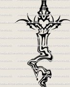 Abstract liquid style sword tattoo stencil with ornamental neotribal linework and a drip effect that creates a fluid sculptural look