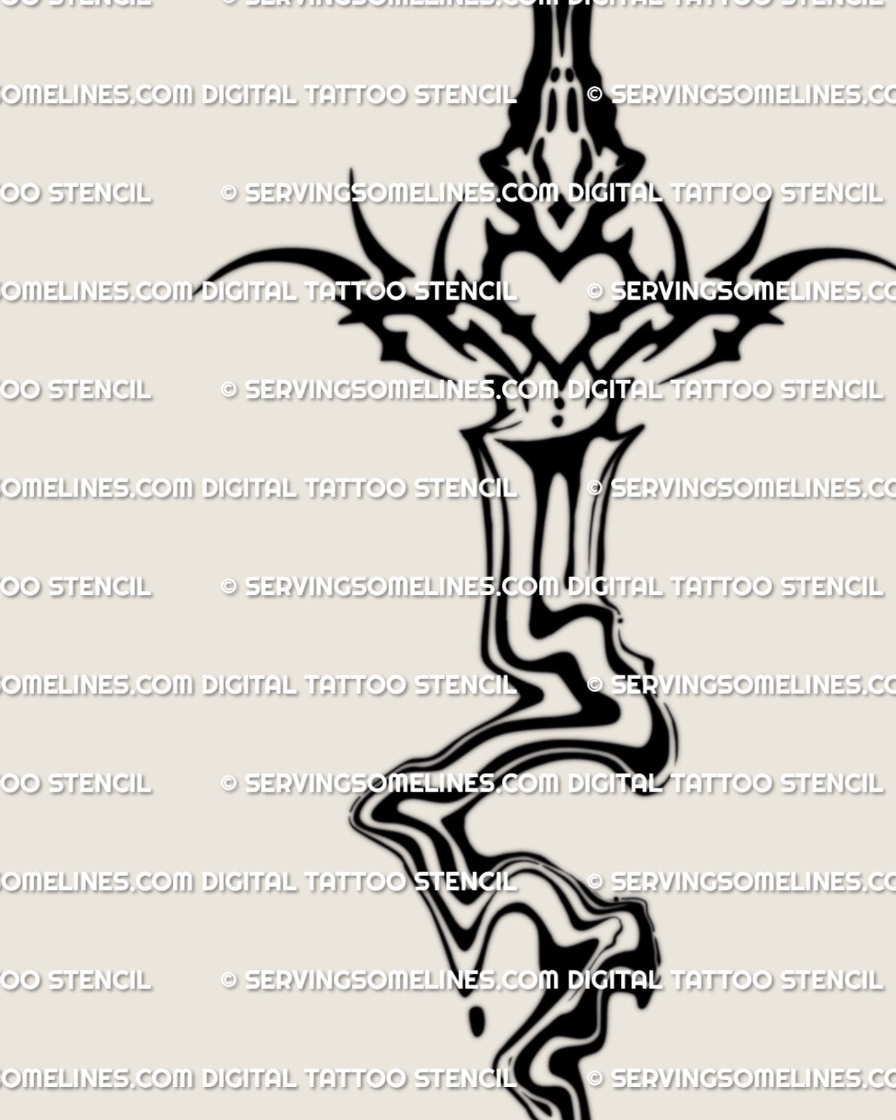 Abstract liquid style sword tattoo stencil with ornamental neotribal linework and a drip effect that creates a fluid sculptural look