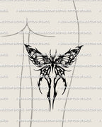 Neotribal moth tattoo stencil back of thigh placement example, bold wing silhouette with cutout gaps, instant download files.