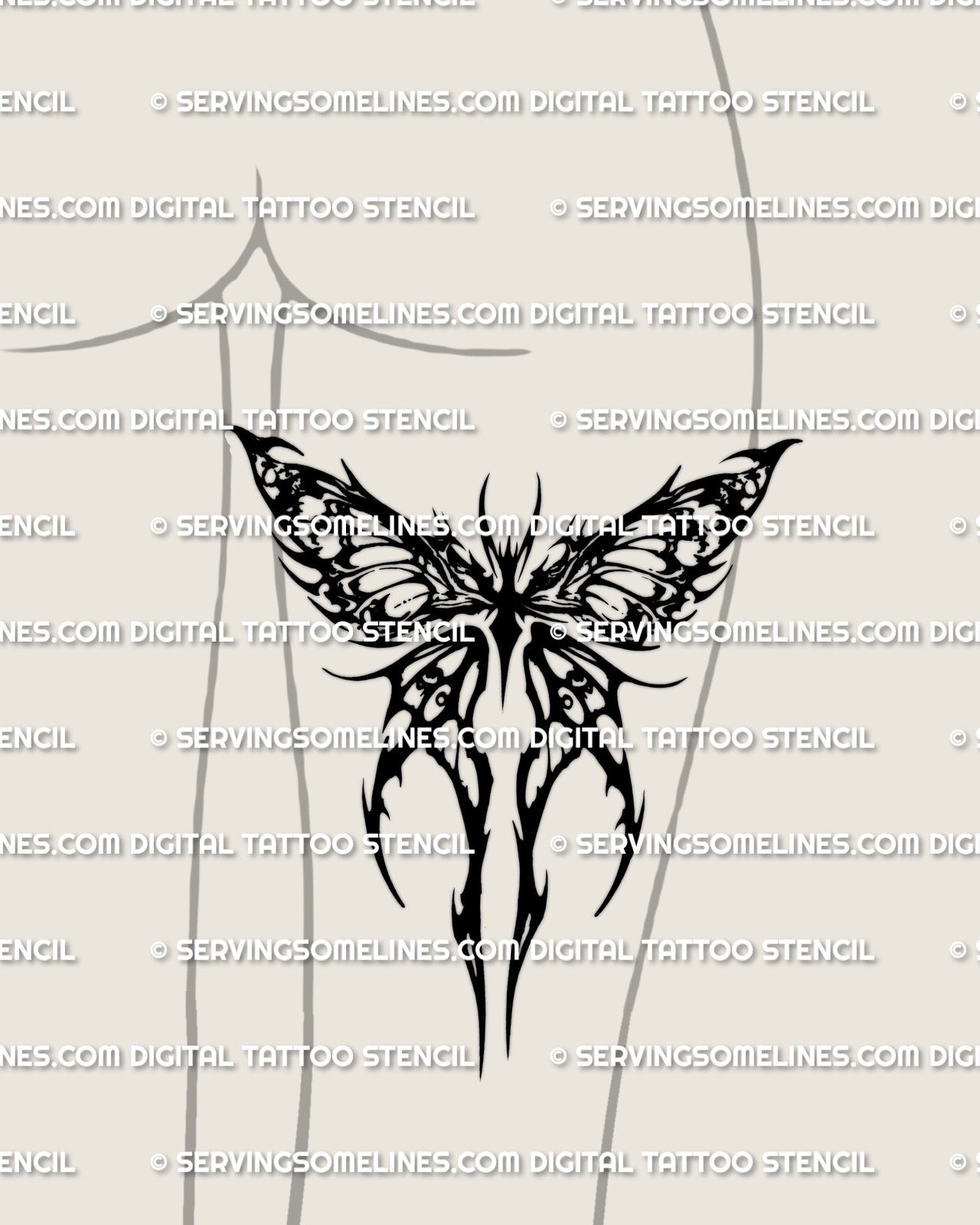 Neotribal moth tattoo stencil back of thigh placement example, bold wing silhouette with cutout gaps, instant download files.