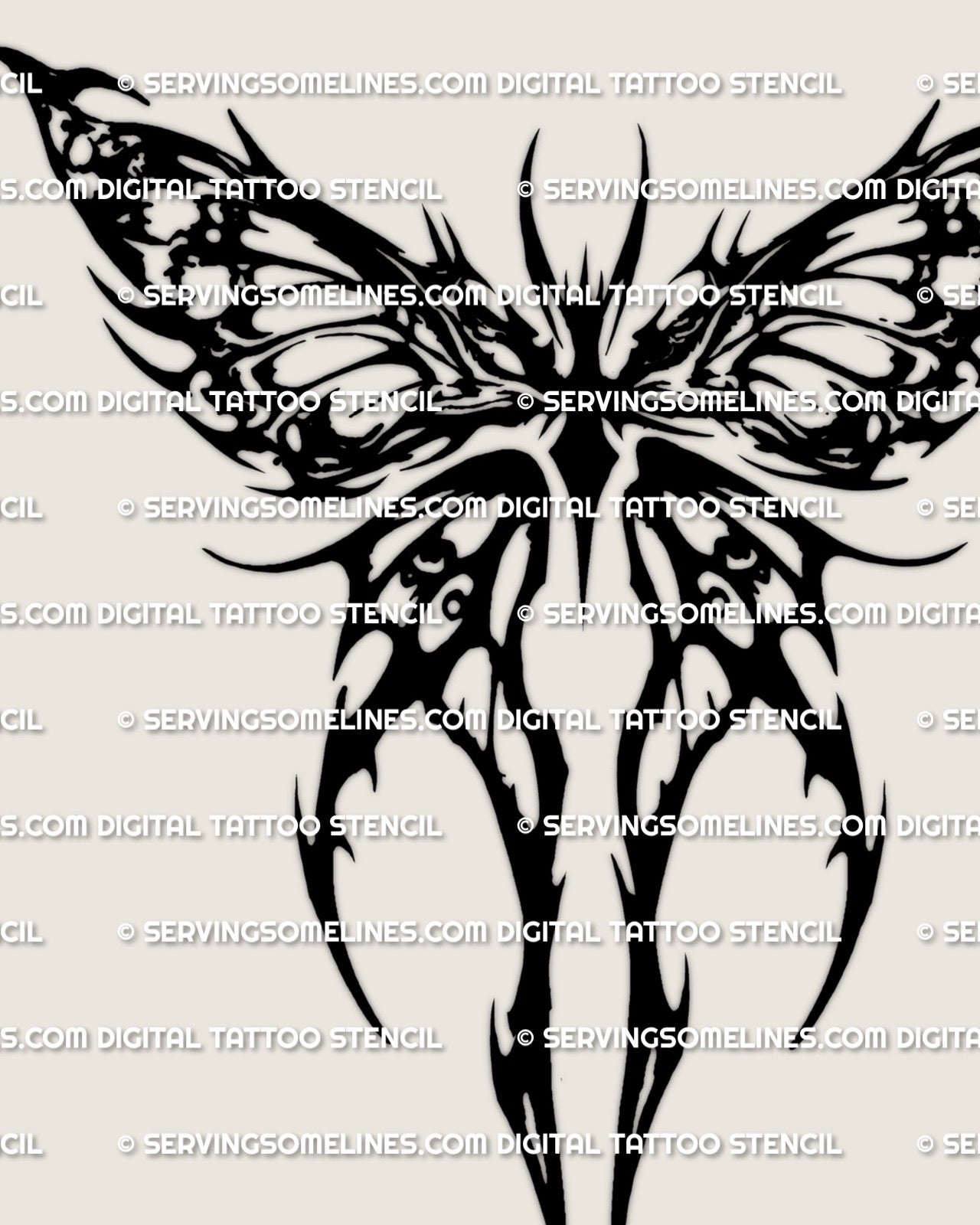 Neotribal moth tattoo stencil download, bold moth wings with thick tribal fields and clean cutout gaps, includes PNG JPG PDF.