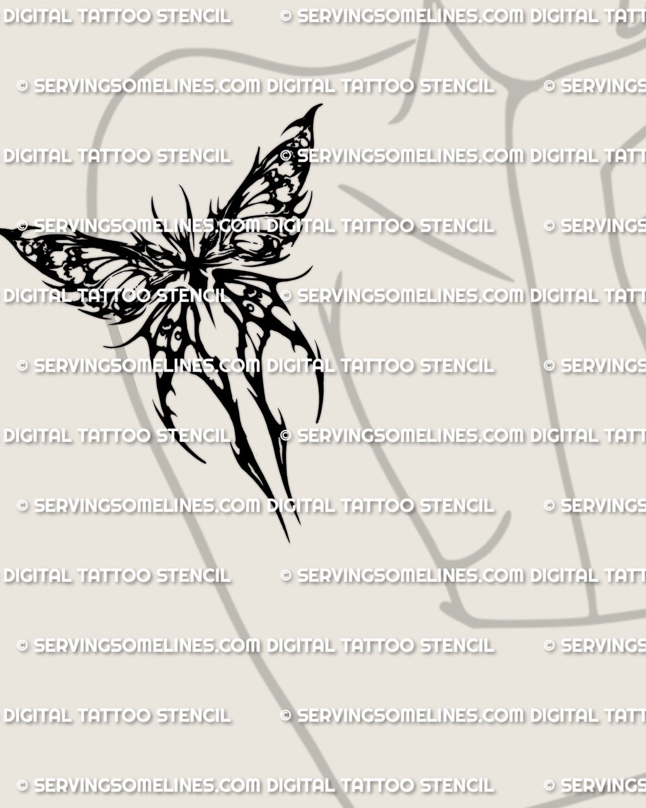 Neotribal moth tattoo stencil displayed on womens arm placement, strong moth silhouette with tribal cutout gaps, instant files.