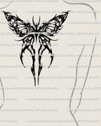Neotribal moth tattoo stencil displayed on upper back center placement, graphic moth wings with thick fields, stencil download.