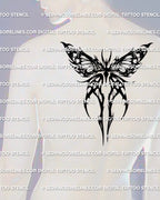 Neotribal moth tattoo stencil shown on mens upper back placement, thick black fields and crisp cutouts, printable stencil files.