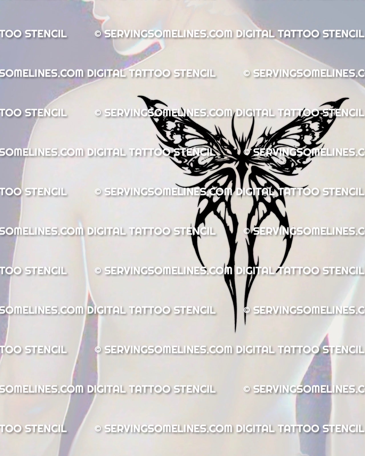 Neotribal moth tattoo stencil shown on mens upper back placement, thick black fields and crisp cutouts, printable stencil files.