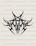 Neotribal pentagram tattoo stencil with gothic flame edges, occult star design for digital download and printable tattoo use.