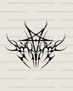 Hand-drawn neotribal pentagram tattoo stencil with gothic flame edges, occult star design for digital download and printable tattoo stencil use.
