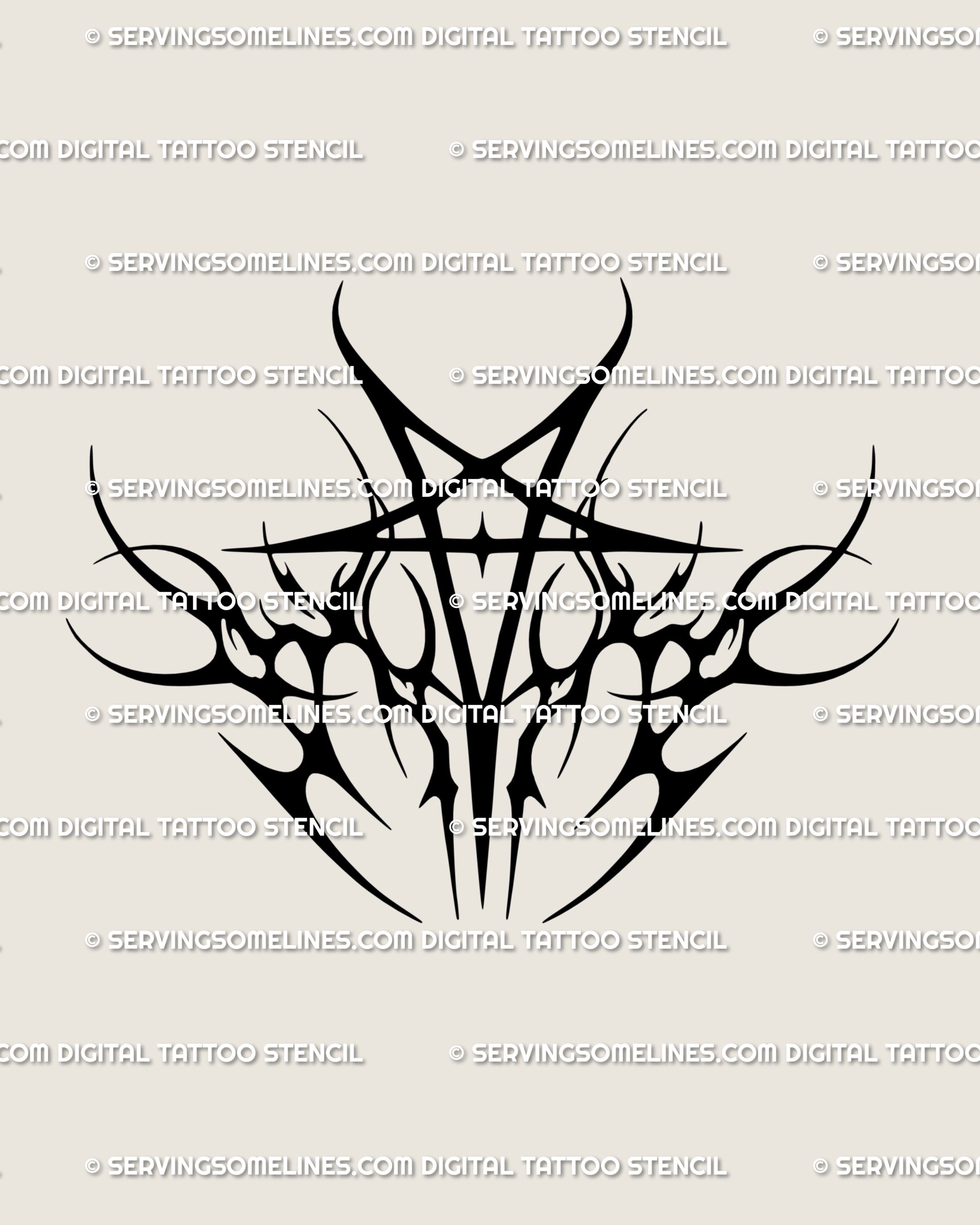 Hand-drawn neotribal pentagram tattoo stencil with gothic flame edges, occult star design for digital download and printable tattoo stencil use.