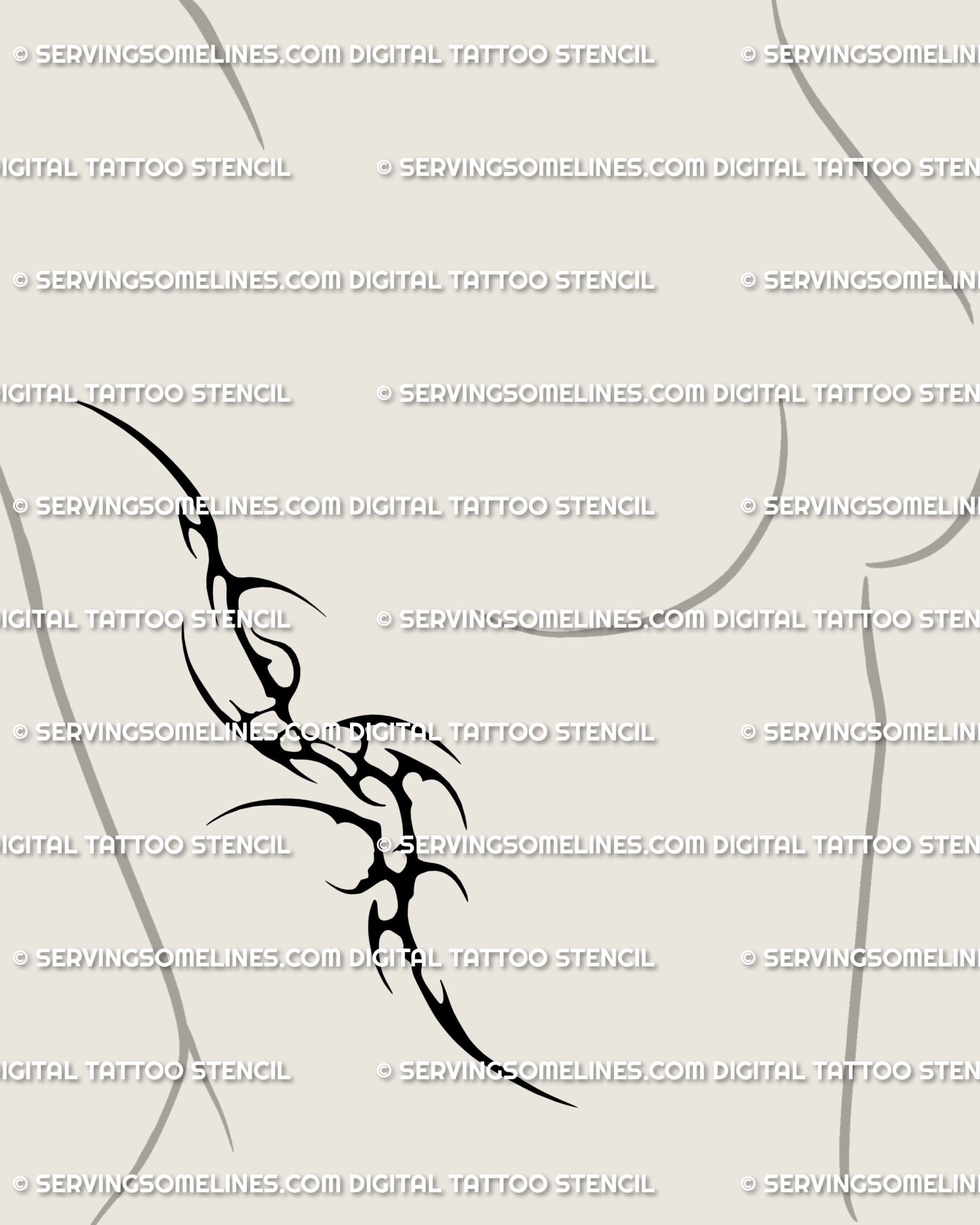 Female rib tattoo idea in neotribal cyber sigil style, gothic Y2K tribal stencil with sharp spiky lines. Digital tattoo design download for personal use.