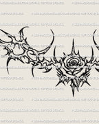 Close design detail of a neotribal rose lower back tattoo stencil with pointed tribal lines and a centered rose core