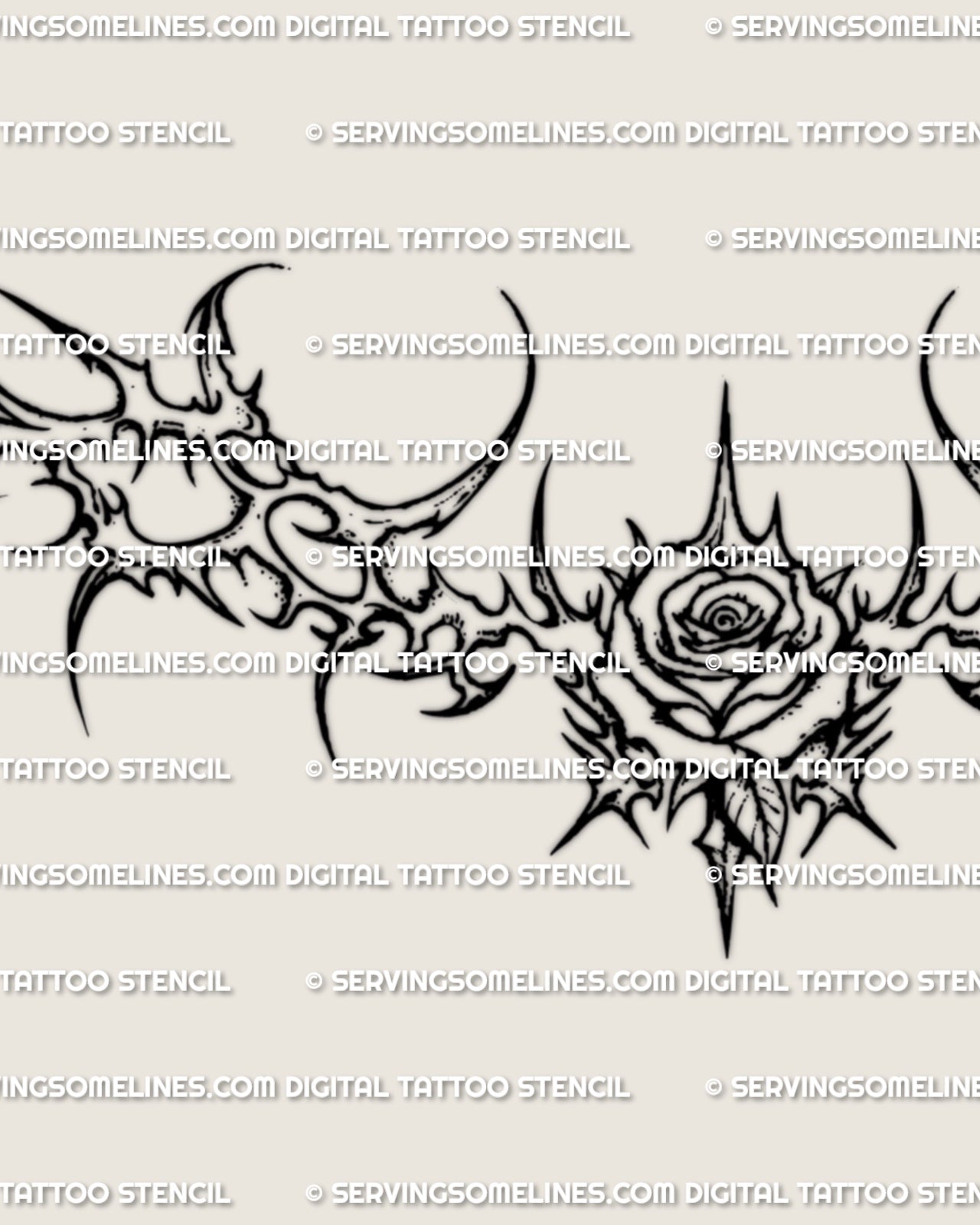 Close design detail of a neotribal rose lower back tattoo stencil with pointed tribal lines and a centered rose core