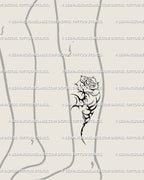 Small neotribal flower tattoo on the lower leg, cyber sigil rose stencil with tribal thorns, bold yet minimalist gothic design.