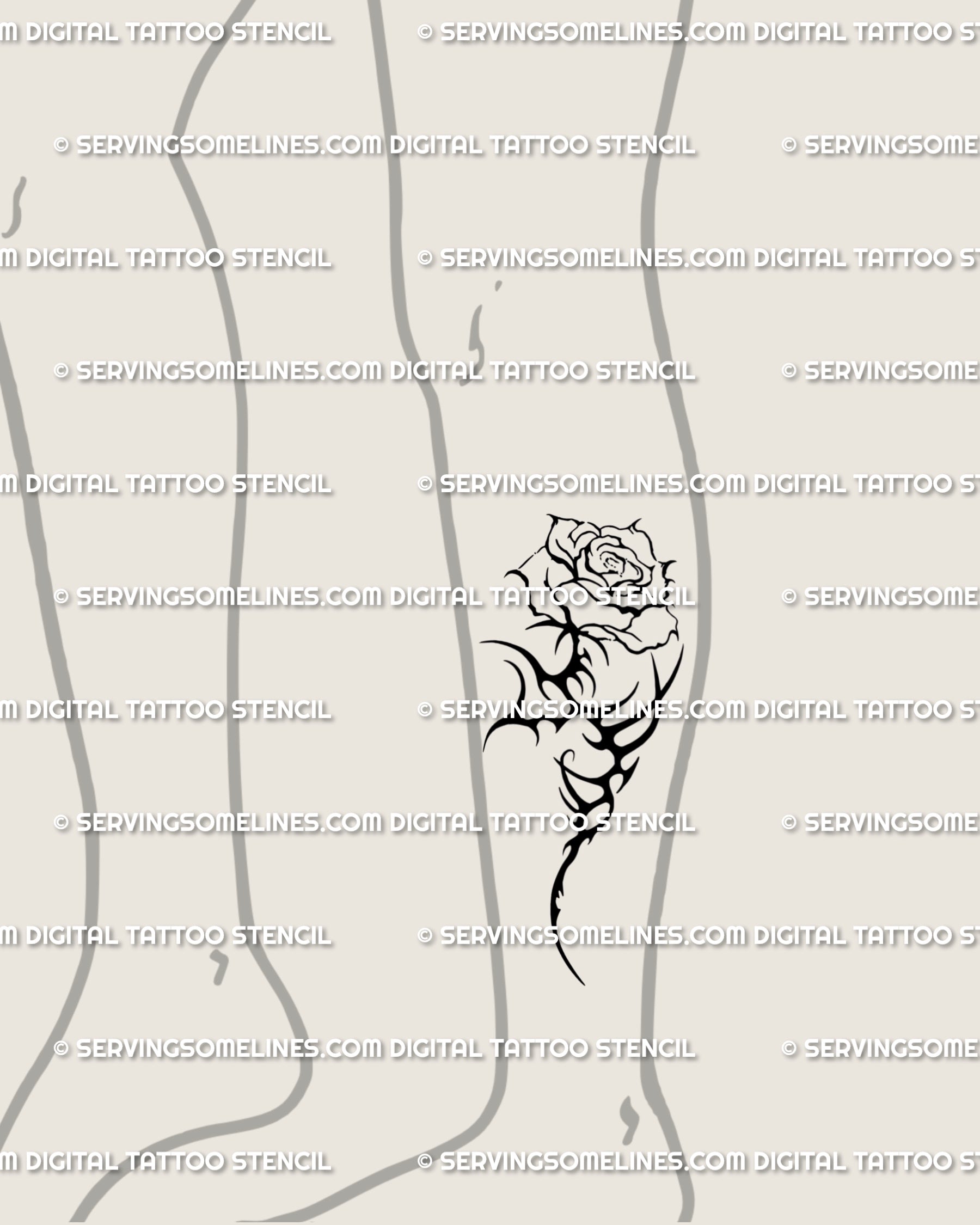 Small neotribal flower tattoo on the lower leg, cyber sigil rose stencil with tribal thorns, bold yet minimalist gothic design.