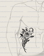 Blackwork rose tattoo stencil for men’s ribs, gothic neotribal floral ornament blending sharp tribal lines and cyber rose composition.