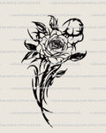 Dark neotribal rose tattoo stencil with gothic blackwork thorns and cyber-tribal floral flow, bold abstract rose art for men and women. 