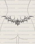 Neotribal rose tramp stamp tattoo shown on lower back preview with a mirrored waist-fitting spread and centered rose detail