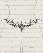 Neotribal rose tramp stamp tattoo shown on lower back preview with a mirrored waist-fitting spread and centered rose detail
