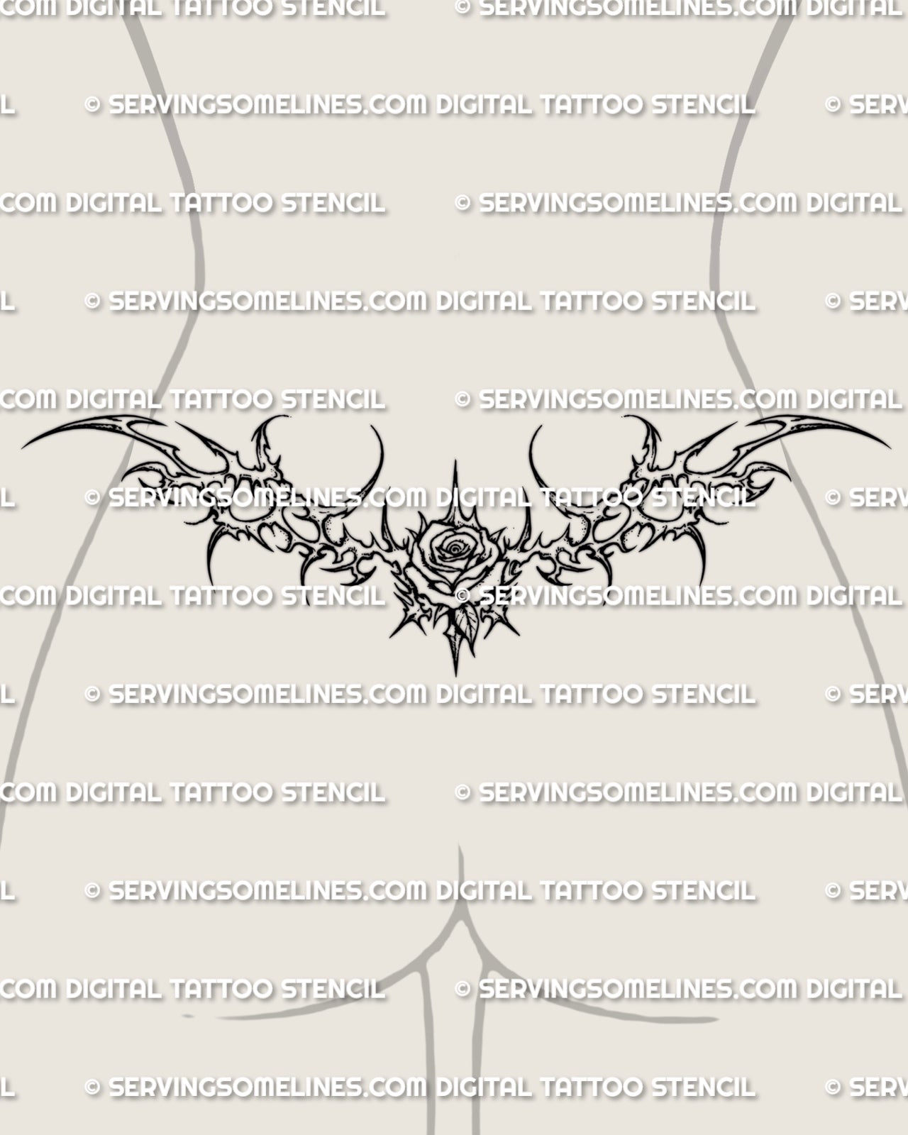 Neotribal rose tramp stamp tattoo shown on lower back preview with a mirrored waist-fitting spread and centered rose detail