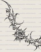 Neotribal rose tramp stamp tattoo stencil design with a centered rose, symmetrical lower back shape, and sharp tribal framing