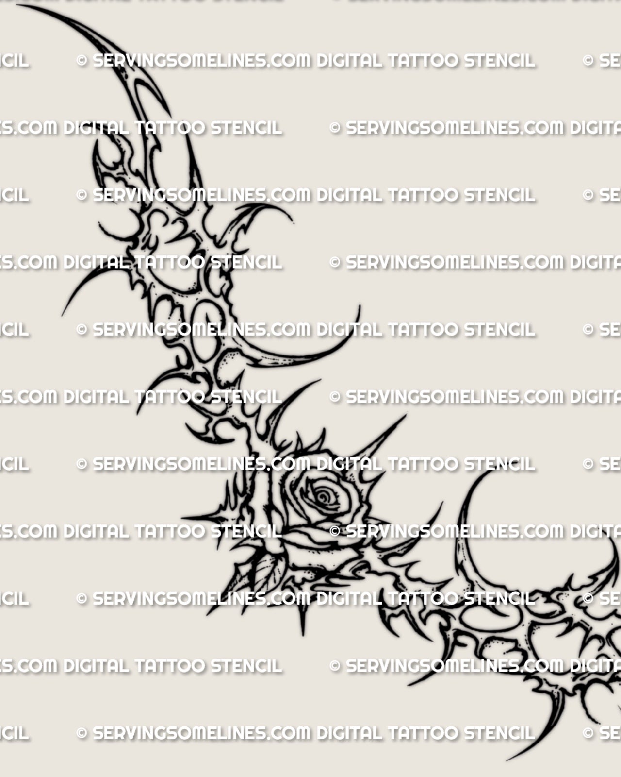 Neotribal rose tramp stamp tattoo stencil design with a centered rose, symmetrical lower back shape, and sharp tribal framing