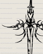 Hand-drawn neotribal Scorpio sword tattoo digital design with pointed wings and heart core, gothic cyber sigil zodiac artwork for tattoo artists.