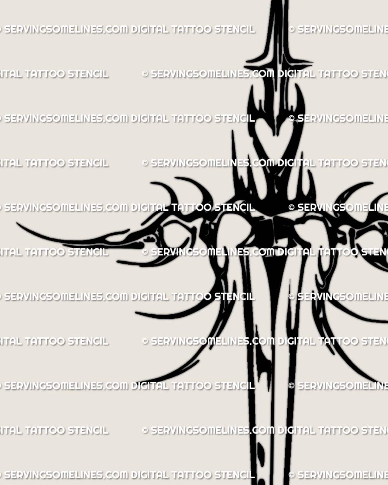 Hand-drawn neotribal Scorpio sword tattoo digital design with pointed wings and heart core, gothic cyber sigil zodiac artwork for tattoo artists.