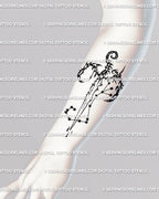 Forearm placement of neotribal scorpio tattoo design, fine-line constellation sword concept with balanced stars and scorpion claws.
