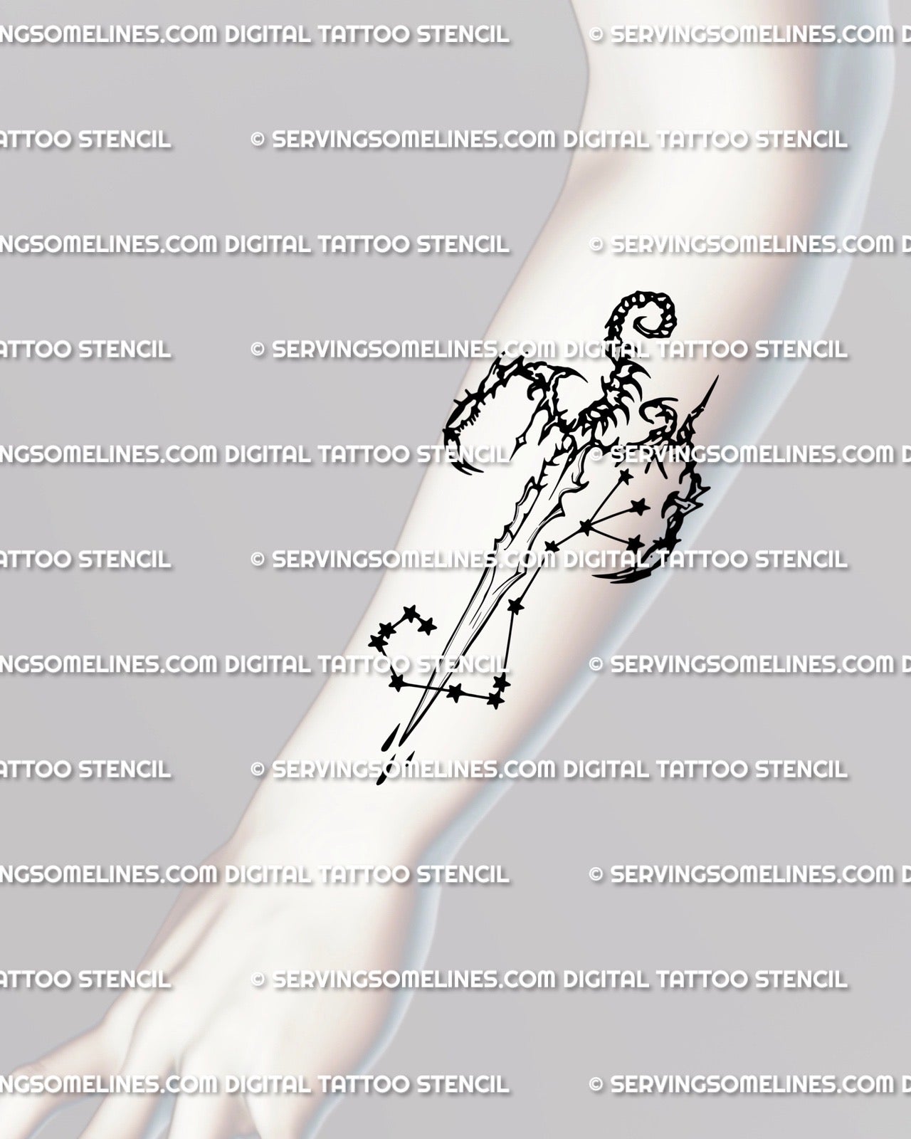 Forearm placement of neotribal scorpio tattoo design, fine-line constellation sword concept with balanced stars and scorpion claws.