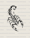 Neotribal scorpion heart tattoo stencil with sharp linework, hand-drawn gothic style, shown as a printable digital tattoo design.