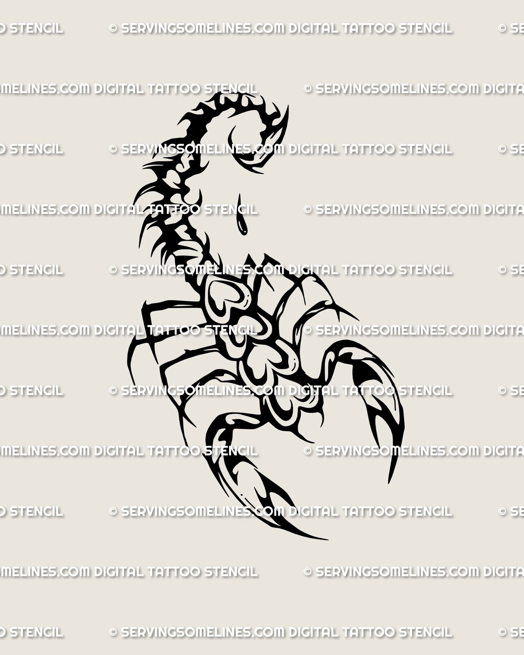 Neotribal scorpion heart tattoo stencil with sharp linework, hand-drawn gothic style, shown as a printable digital tattoo design.