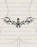 Neotribal scorpion tattoo shown on feminine lower back placement, with a raised tail, bold tribal spread, and centered body.