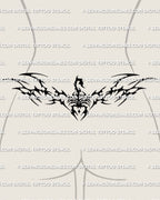 Neotribal scorpion tattoo shown on feminine lower back placement, with a raised tail, bold tribal spread, and centered body.