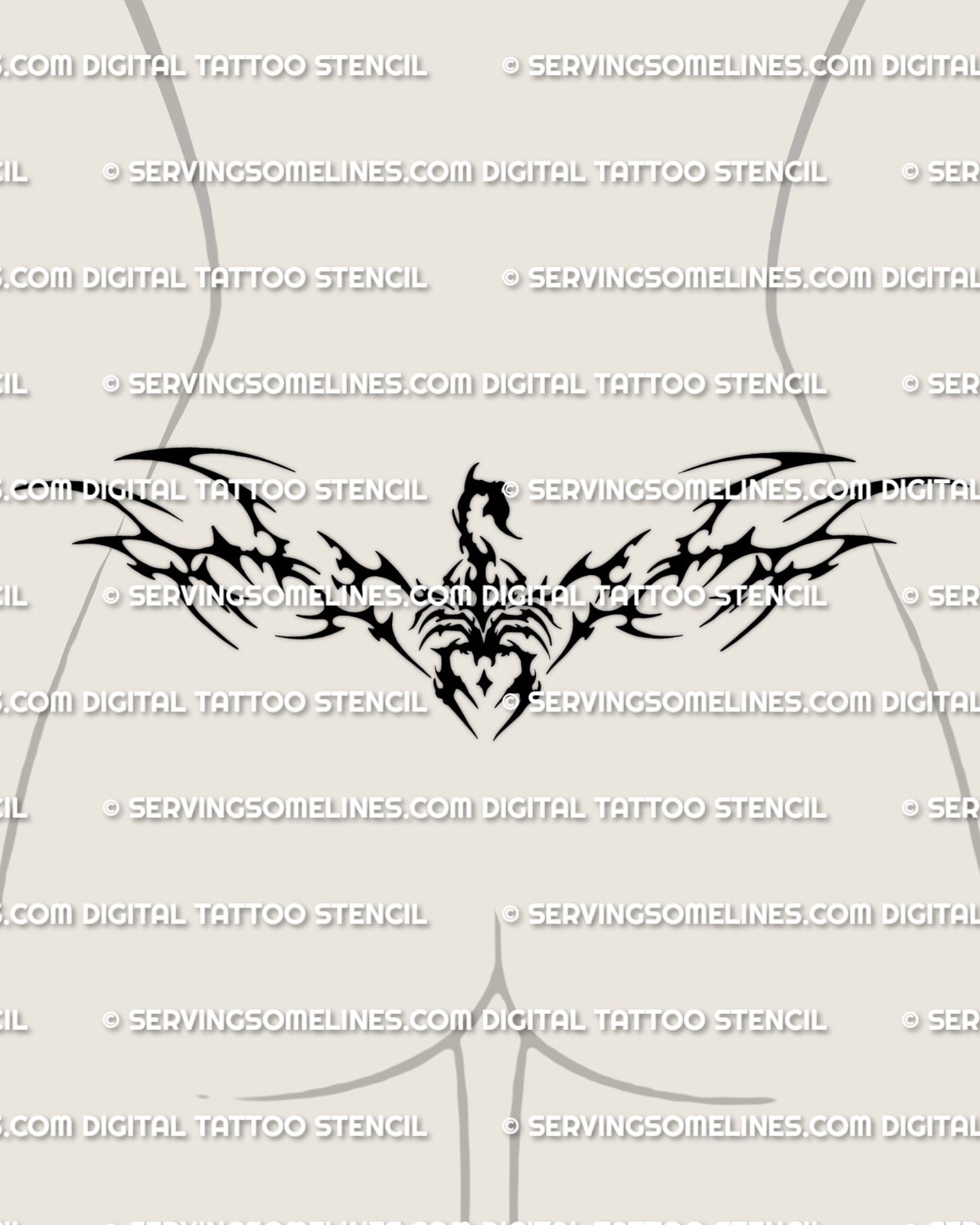 Neotribal scorpion tattoo shown on feminine lower back placement, with a raised tail, bold tribal spread, and centered body.