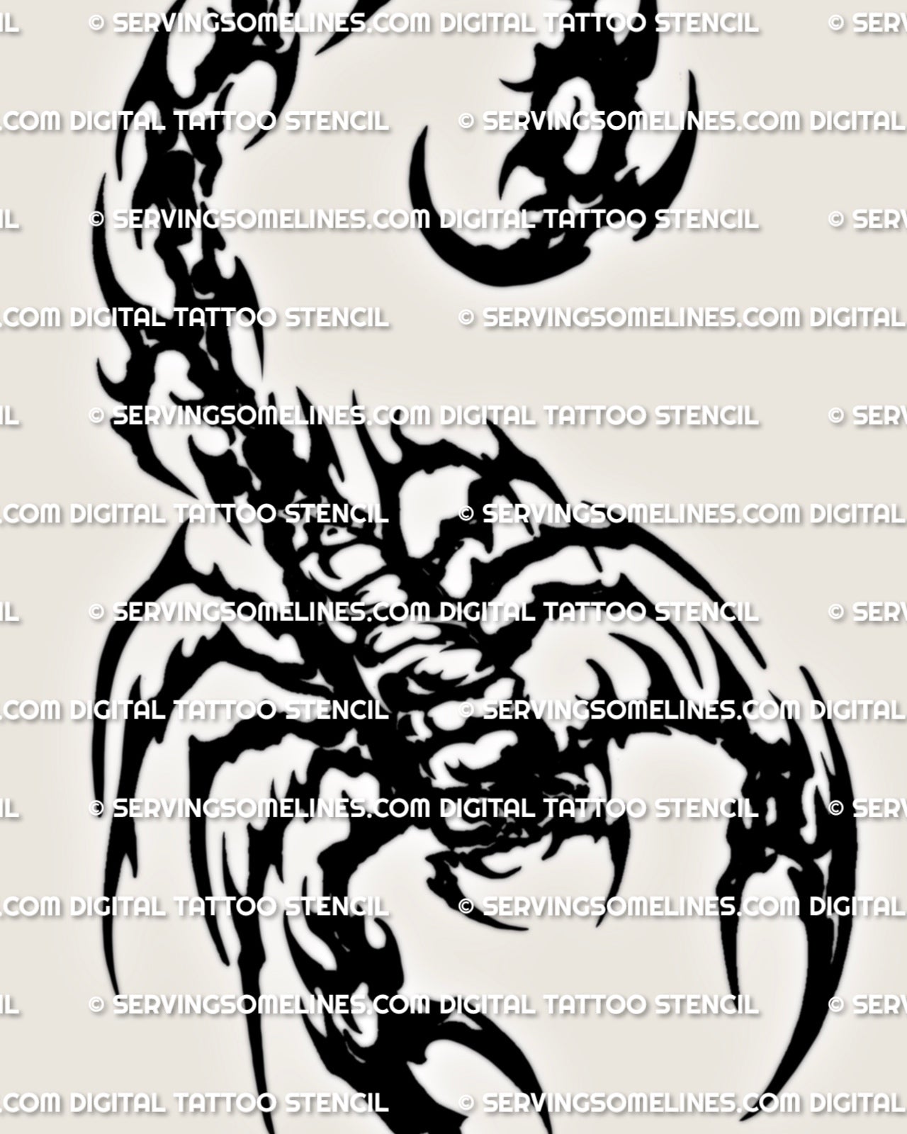 Close view of neotribal scorpion tattoo detail with carved gaps, sharp claw shapes, curled tail, and crisp black contrast