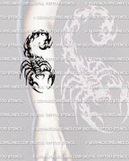 Neotribal scorpion tattoo shown on forearm placement with a raised tail, pointed edges, and graphic black stencil shape