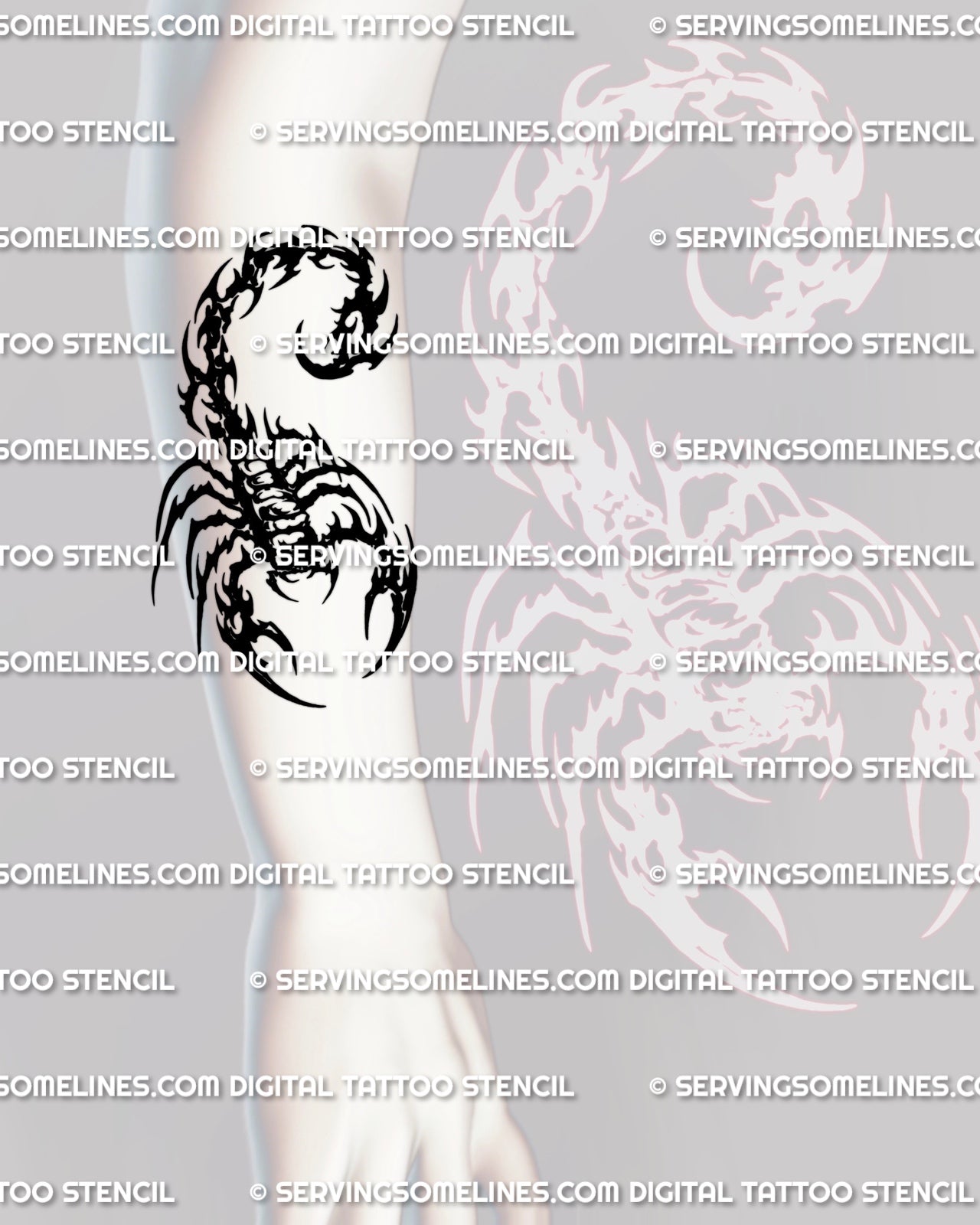 Neotribal scorpion tattoo shown on forearm placement with a raised tail, pointed edges, and graphic black stencil shape