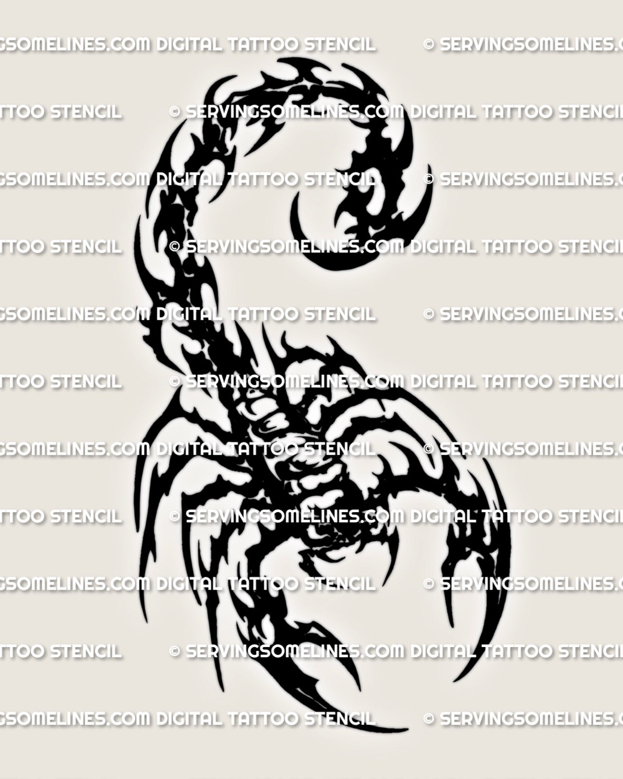 Neotribal scorpion tattoo stencil with carved black curves, curled stinger, and sharp cutout detail for download