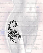 Neotribal scorpion design displayed on women’s hip placement with curled stinger, angular claws, and bold cutout detail