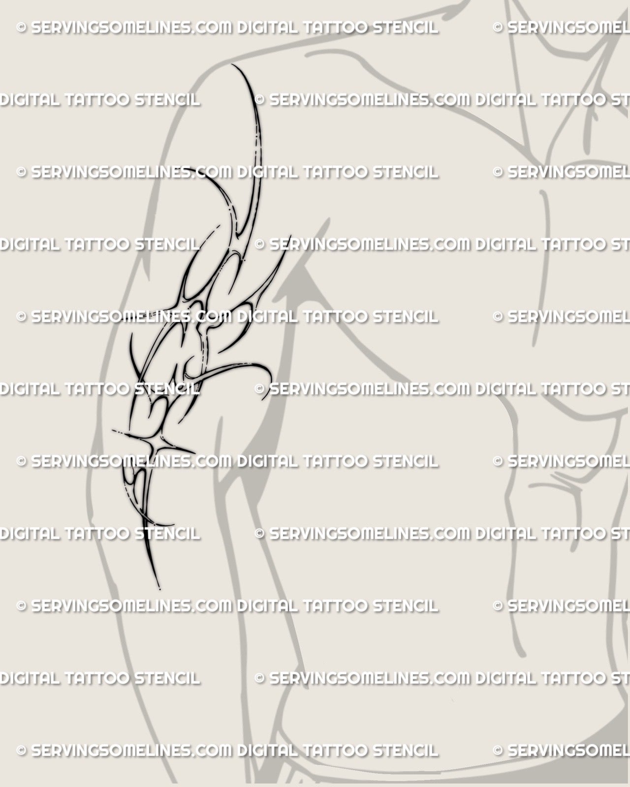 Cyber tribal shoulder and upper arm tattoo mockup on man, spiky ornamental blade lines creating futuristic neotribal sleeve flow.